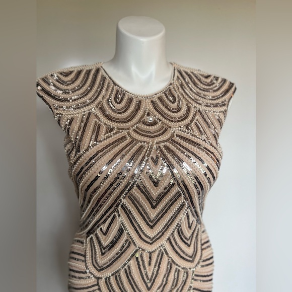 Dazzling Beige And Silver Fringed Beaded Flapper Dress 100% Polyester Size M - Picture 4 of 13